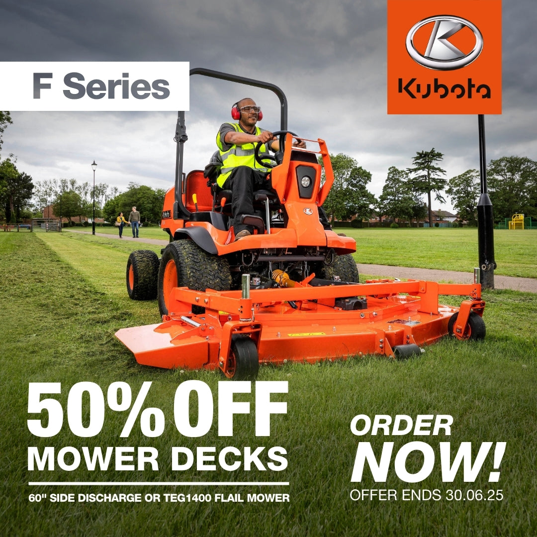 A huge 50% off any Kubota deck, when buying a new F Series mower