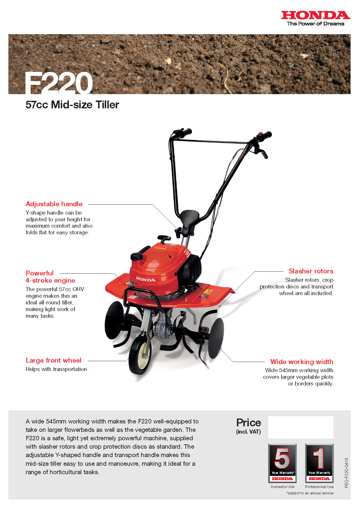 Honda F220 57cc Tiller / Rotavator - Ex-Display - Special Offer £825 (incl VAT)