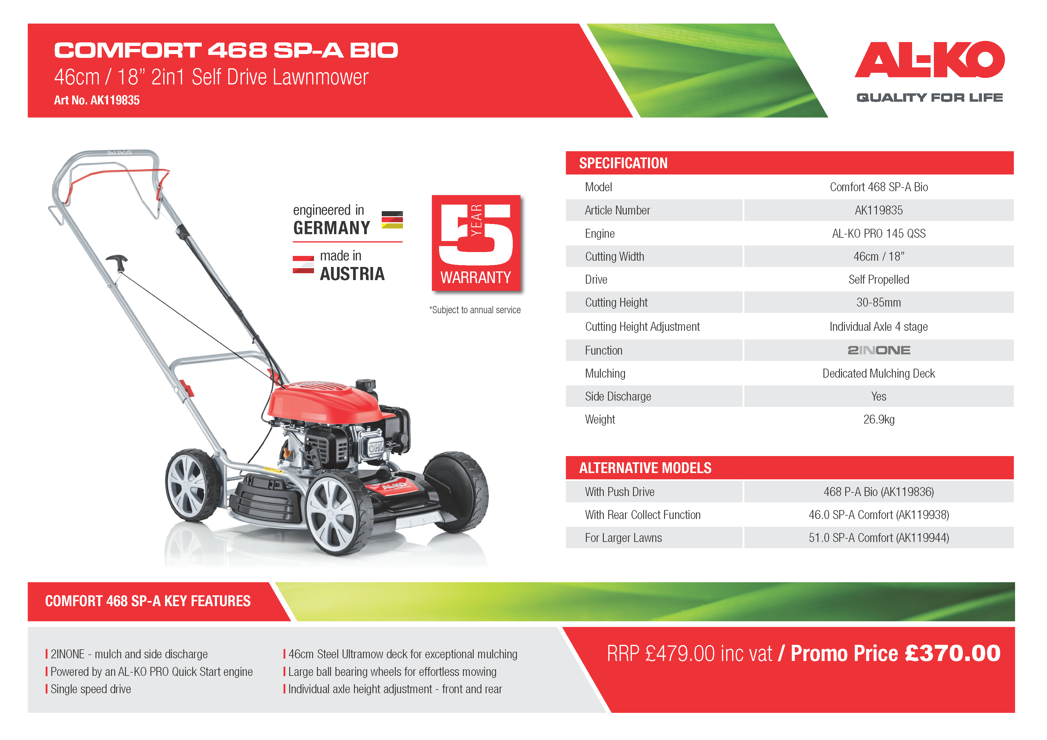 AL-KO 468 Sp-A SILVER BIO Petrol Self Propelled Mulch Mower
