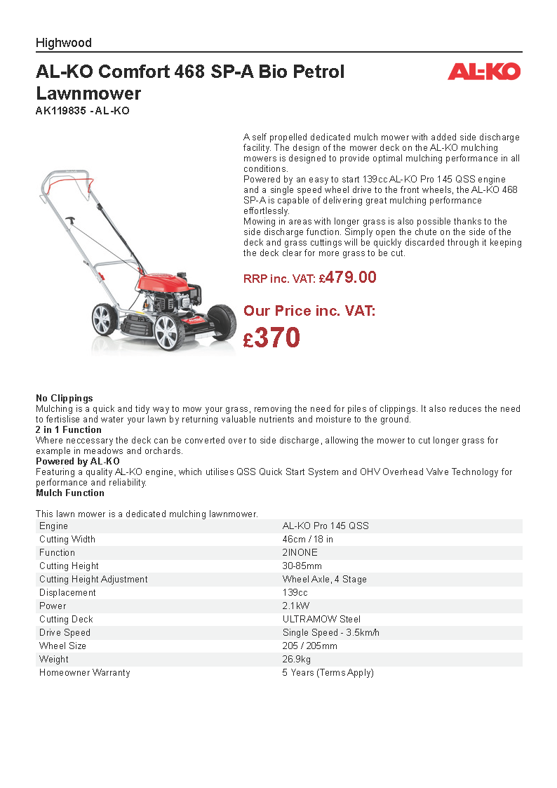 AL-KO 468 Sp-A SILVER BIO Petrol Self Propelled Mulch Mower