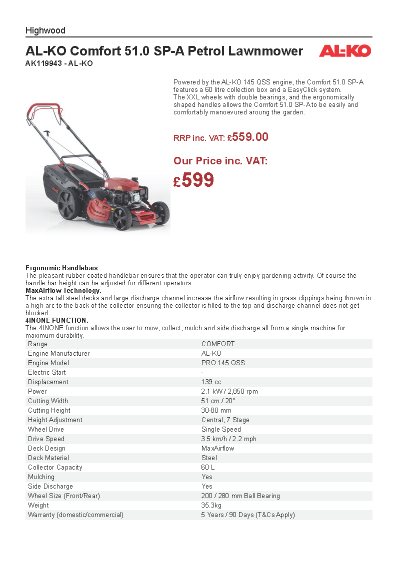 AL-KO 51.0 SP-B Plus Petrol Mower - £599 incl VAT