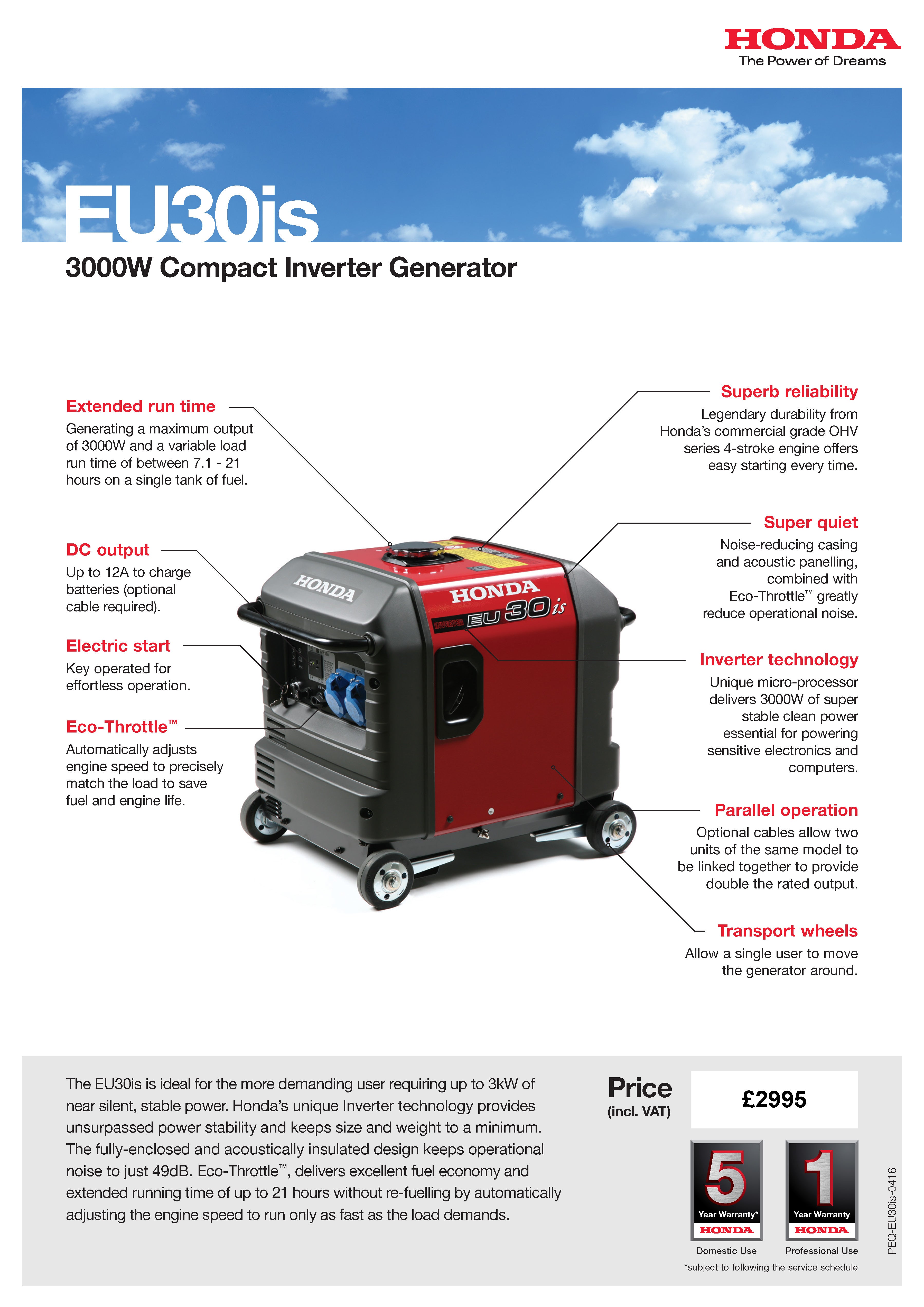 NEW Honda EU30is - 3000w Generator