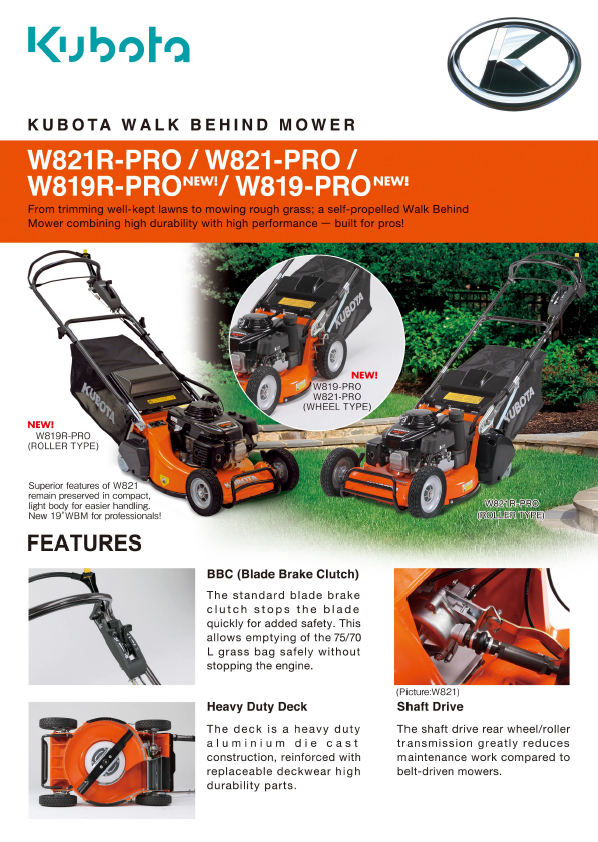 KUBOTA W819 PRO 19" Petrol Self Propelled Mower