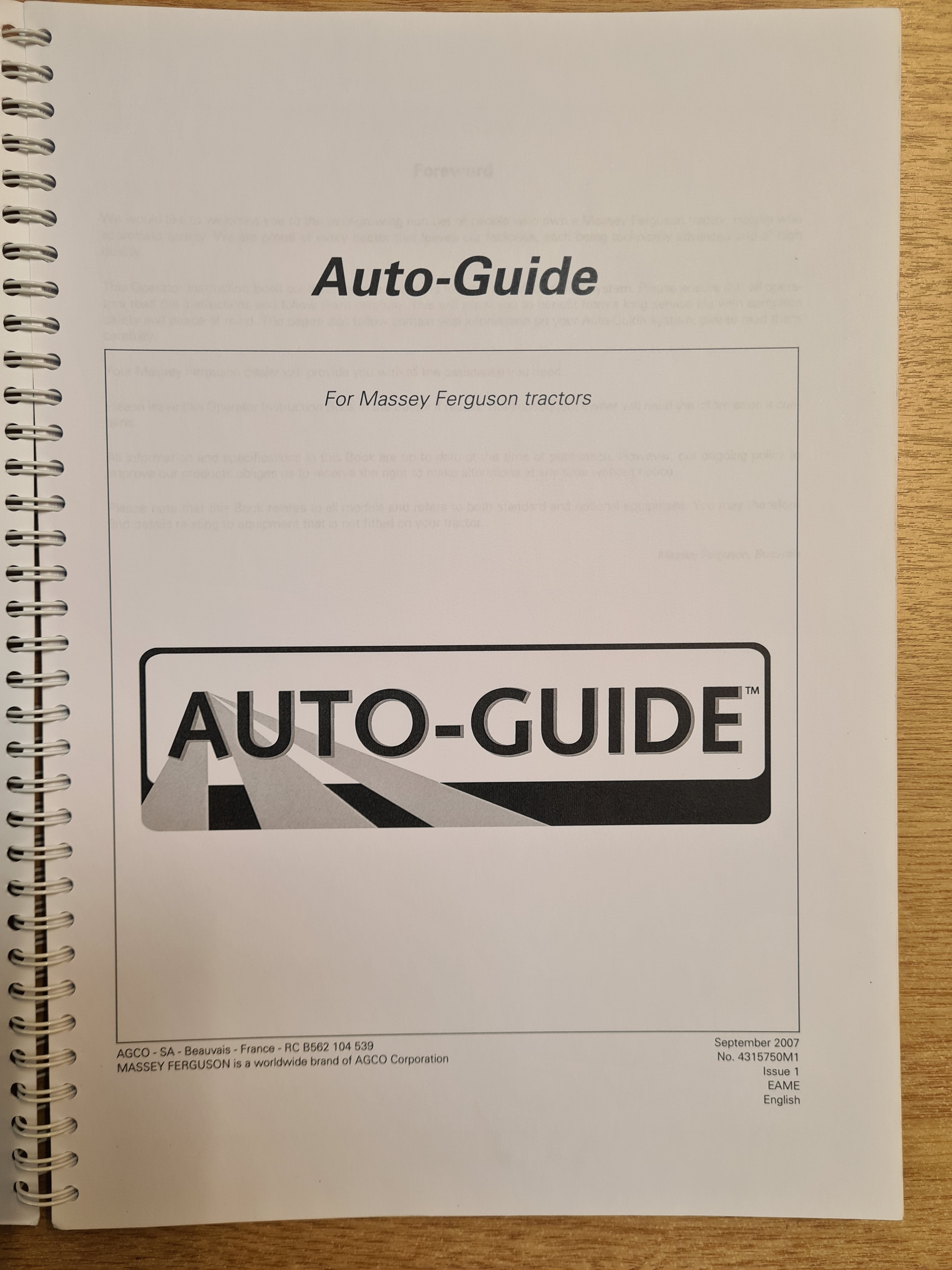 Used MF AUTOGUIDE Operator Instruction Manual
