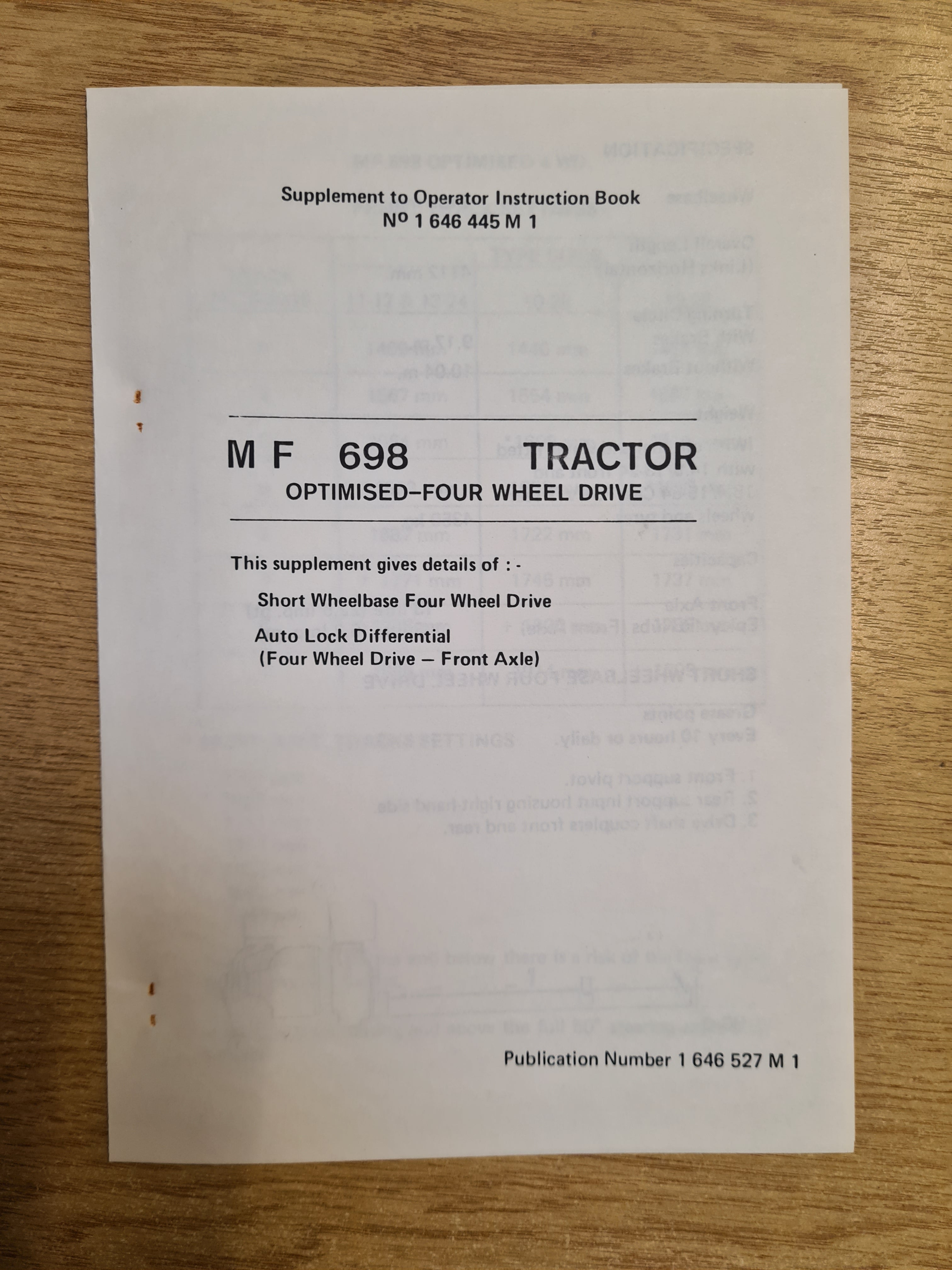 USED MF 698 Tractor Operator Instruction Manual